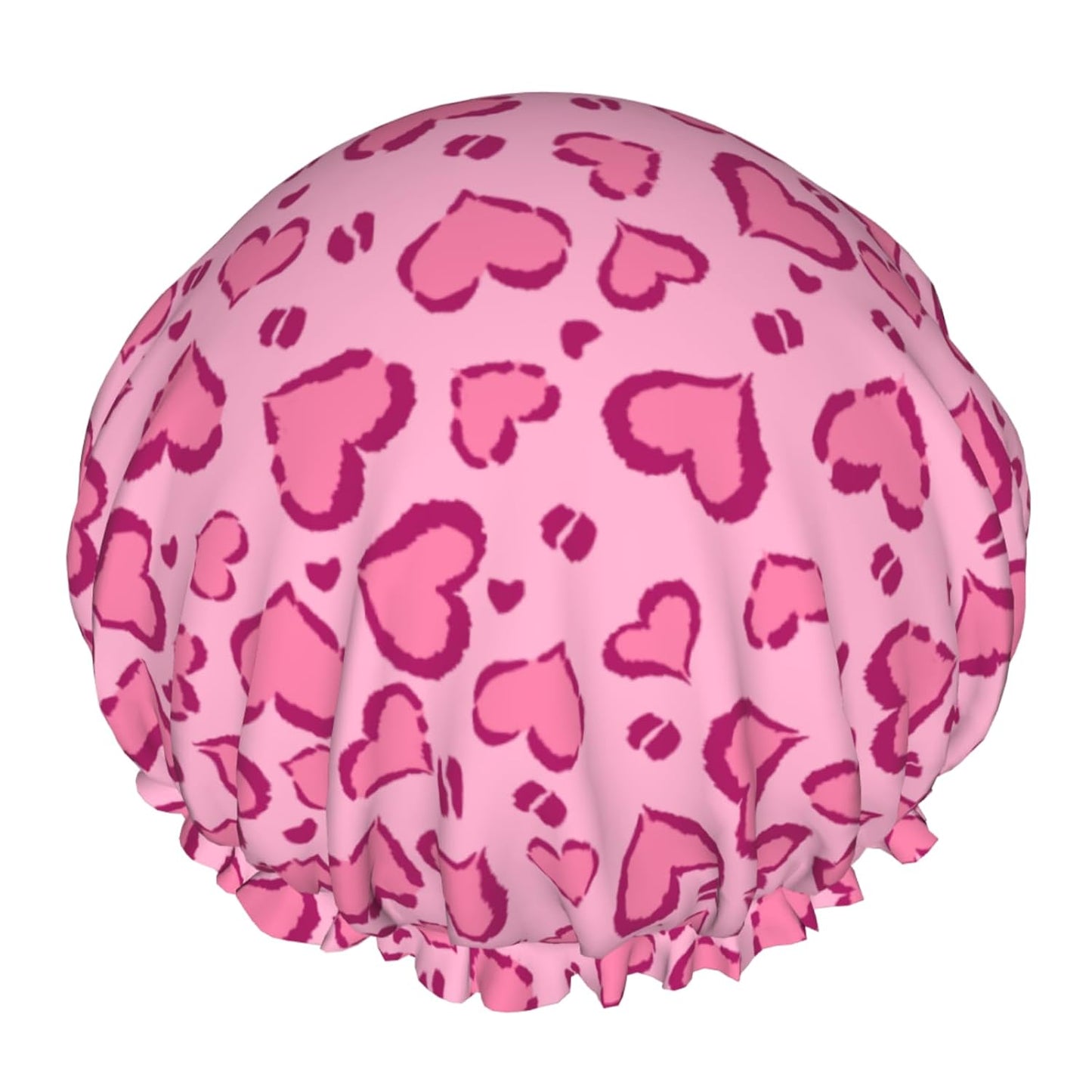 Hot Pink Shower Caps Heart Leopard Print Dual-Layer Waterproof Bath Hat Reusable Hair Caps Elastic Hair Hat for Shower Cooking Clean Makeup Travel