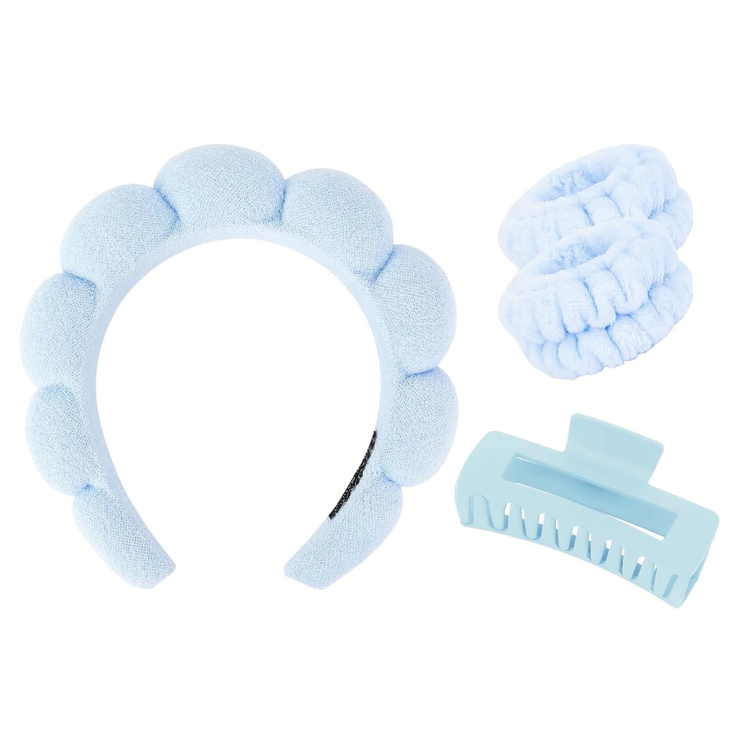 Wecoe Spa Headband And Wristband Set Skincare Headband For Washing Face Hair Claw Clips For Thick Hair Cute Blue Puffy Sponge Makeup Bubble Head Band Wrist Towels Scrunchies For Women Girls
