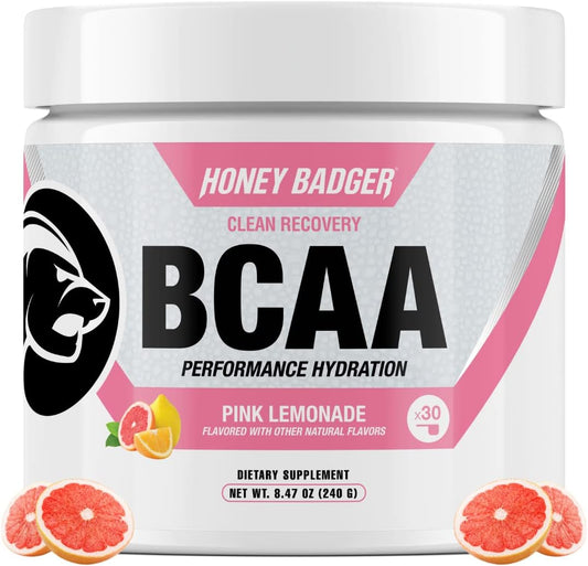 Honey Badger BCAA + EAA Amino Acids Powder, BCAAs + L-Glutamine, Keto, Vegan, Sugar Free for Men & Women, Hydration & Post Workout Muscle Recovery Drink Mix, Pink Lemonade, 30 Servings