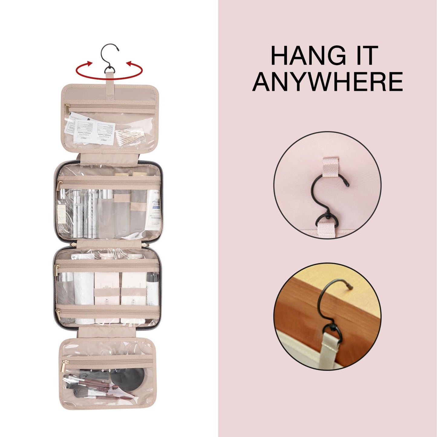 BAGSMART Toiletry Bag Travel Bag with Hanging Hook, Water-resistant Makeup Cosmetic Bag Travel Organizer for Accessories, Shampoo, Full-size Container, Toiletries (Baby Pink, Medium)