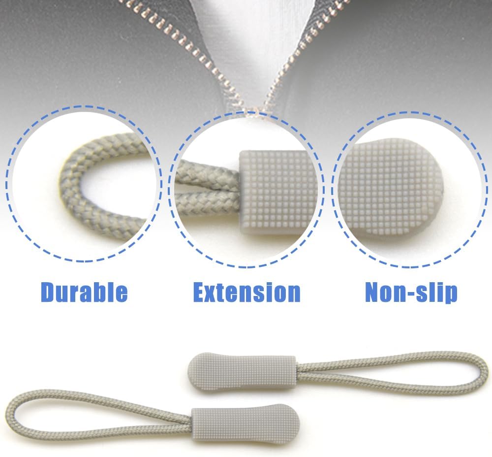 Ruidee 50 Pieces Zipper Pulls Zipper Tabs Zipper Pull Cord Extender Replacement Zipper Pulls for Backpacks, Jackets, Luggage, Purses, Handbags（Light Grey）