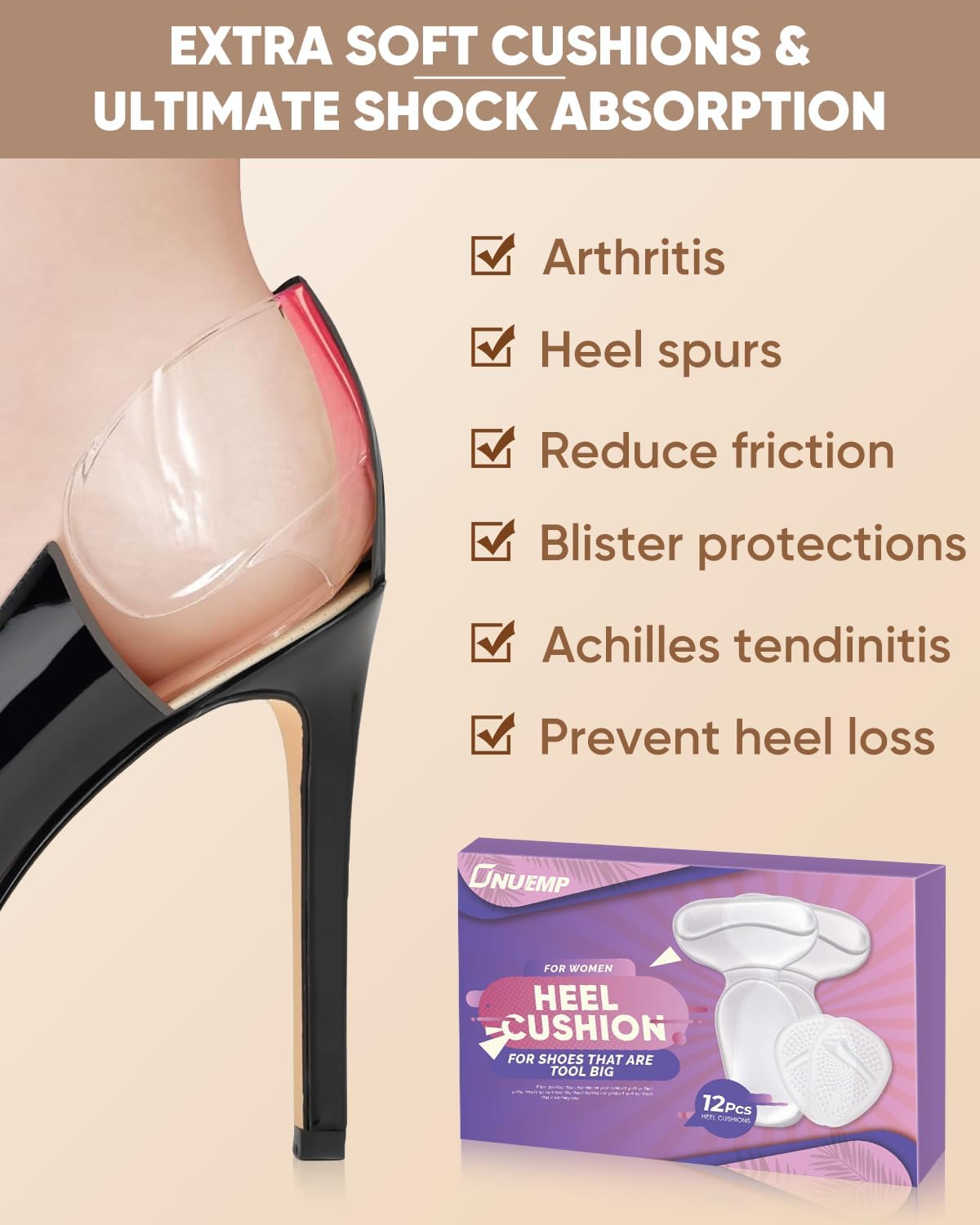 ONUEMP Heel Cushion Inserts and Metatarsal Pads for Women, 3 Pairs Heel Grips and 3 Pairs Ball of Foot Cushions, Silicone Shoe Pads Insoles for High Heels, Blister Prevention for Too Big Shoes