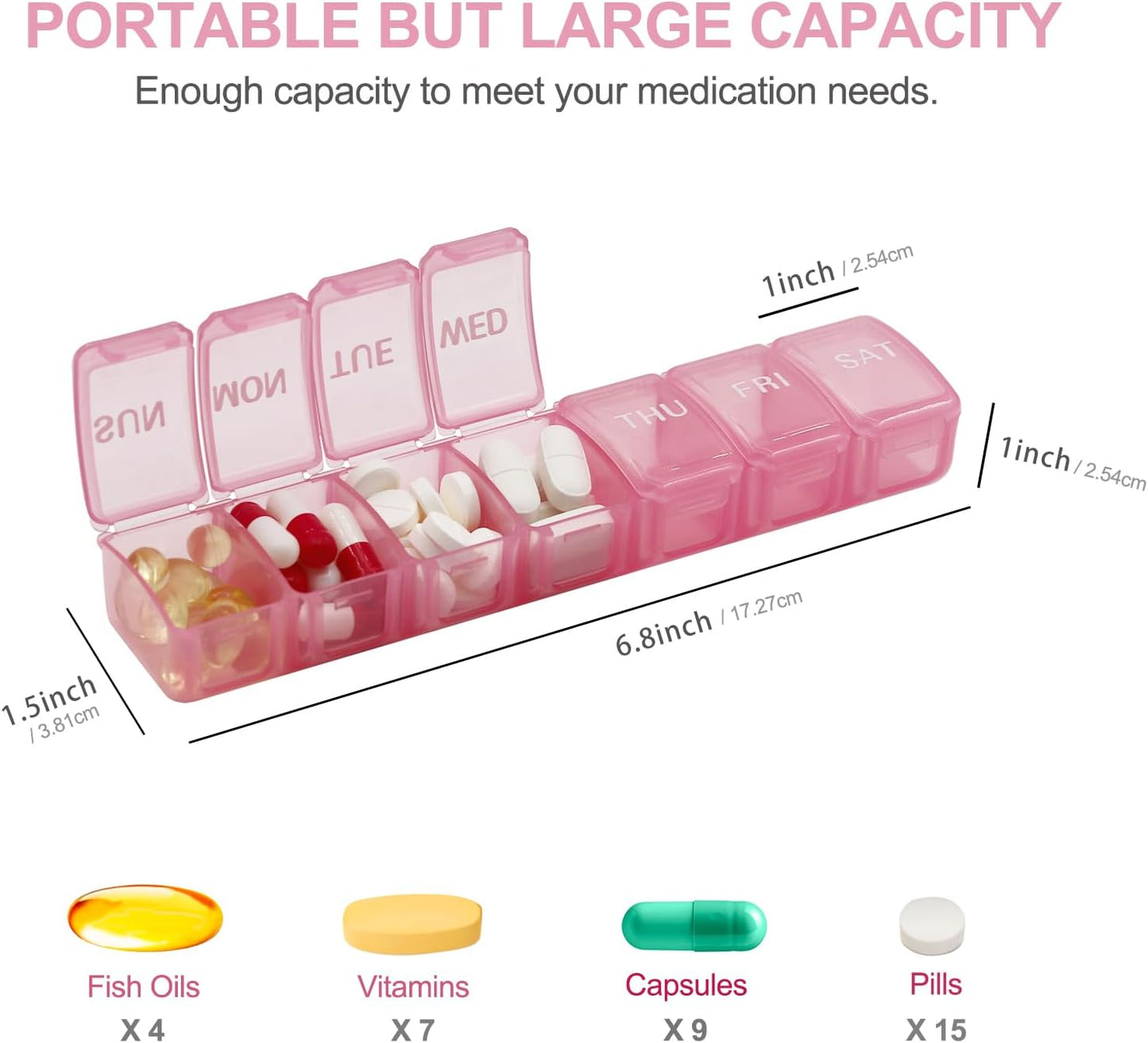 2 Packs Weekly Pill Organizer,Pocket Daily Pill Case Pill Box for Pills/Vitamin/Fish Oil/Supplements (Pink)