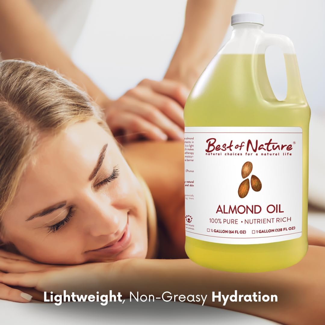Best of Nature 100% Pure Sweet Almond Oil – Moisturizing Massage & Body Oil, Unscented for Hair, Skin, Face, Soap Making, Aromatherapy, Ideal Carrier for Essential Oils, Half Gallon (64 fl oz)