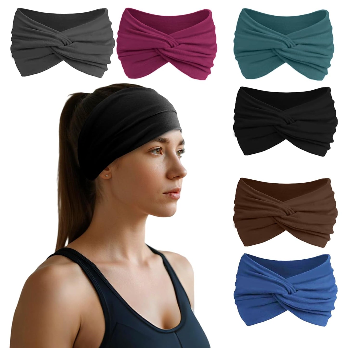 Headbands for Women, Non Silp Wide Hair Bands, Elastic Thick Head Bands, Stretchy Soft Sports Sweat Bands for Spa Workout Running Gym, Cotton Cloth Band 6Pcs GrayBurgundyGreenBlackCoffeeNavy