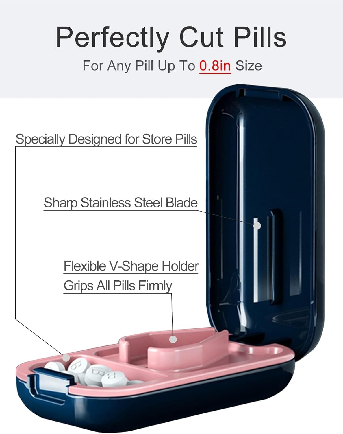 DUBSTAR Small Pill Cutter, Pill Cutter Splitter for Small and Tiny Pills, Portable Pretty Pill Cutters for Large Pills, Cuts Vitamins Tablets for Purse Pocket (Pill Cutter, Blue)