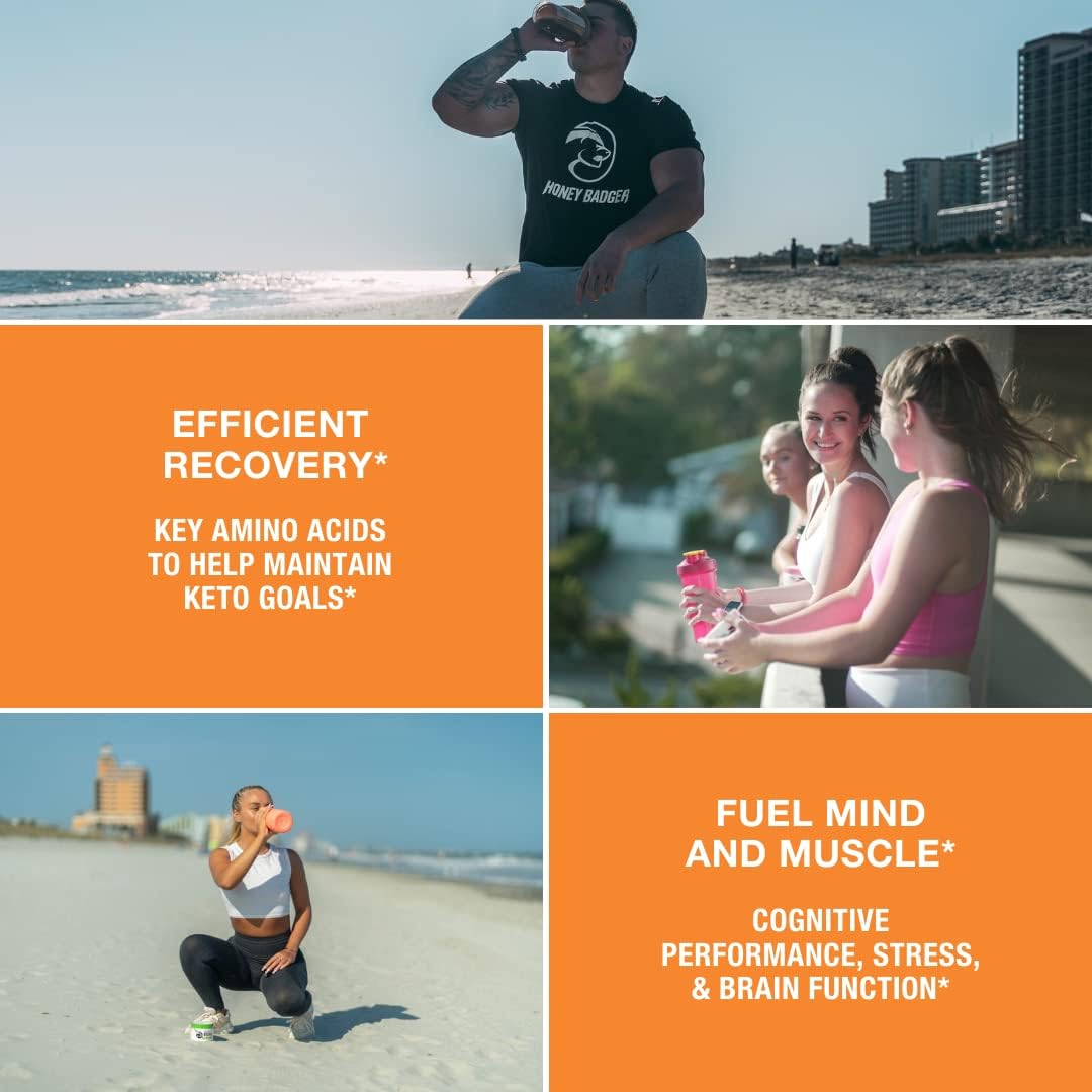 Honey Badger BCAA + EAA Amino Acids Powder, BCAAs + L-Glutamine, Keto, Vegan, Sugar Free for Men & Women, Hydration & Post Workout Muscle Recovery Drink Mix, Peach Mango, 30 Servings