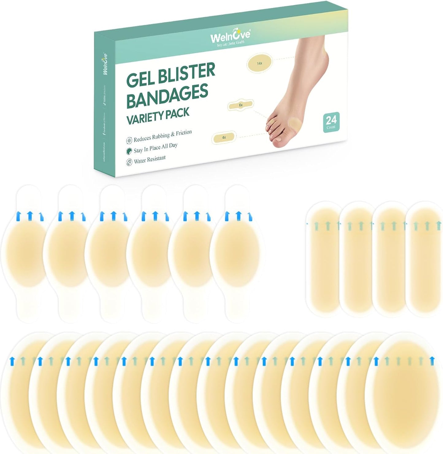 Welnove Gel Blister Bandage - 24 PCS Hydrocolloid Bandages for Prevention & Recovery, Blister Cushions for Heel, Toes & Foot, Blister Bandages for High Heels, Sandals, Wedding, Party (Variety Pack)