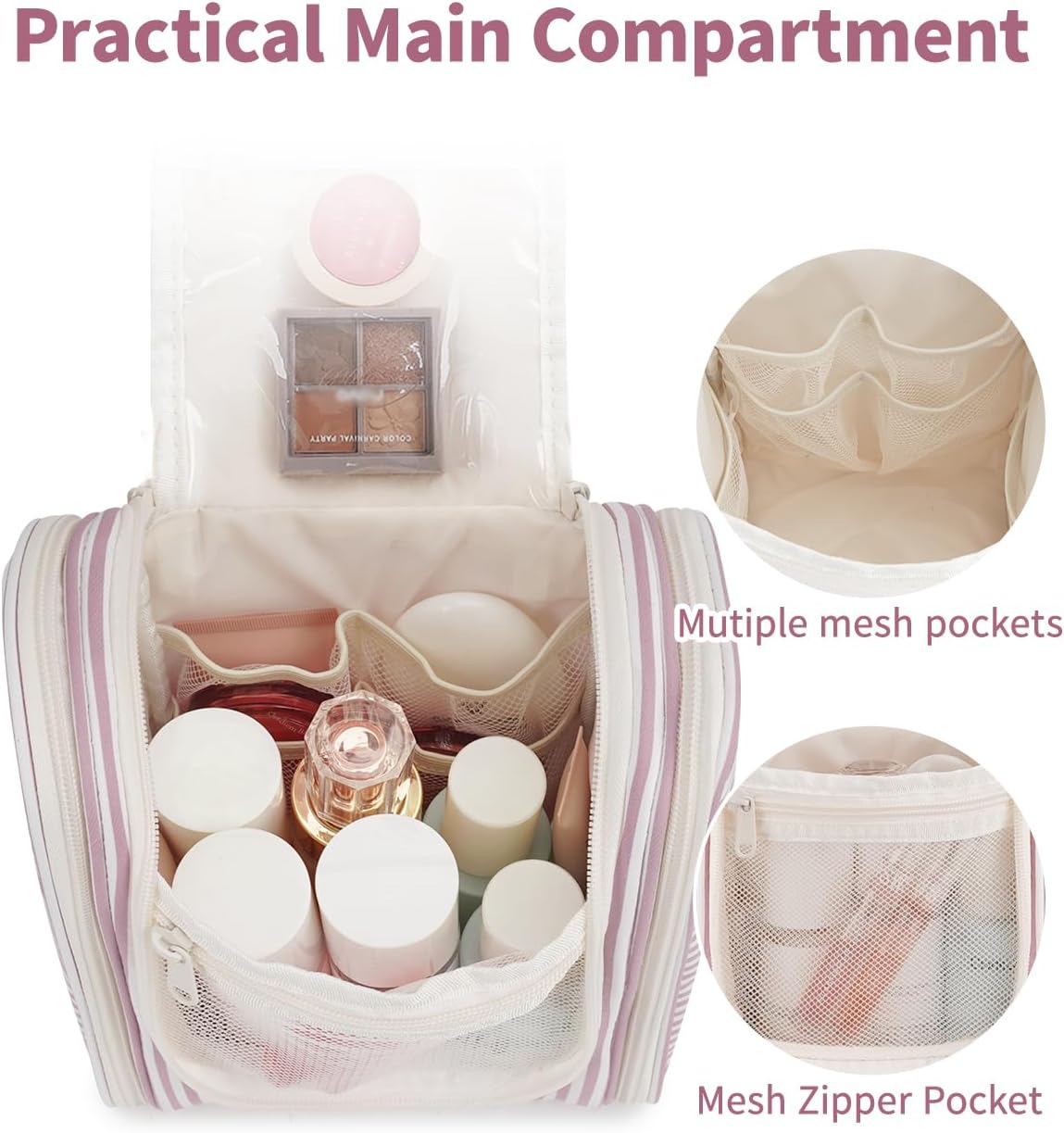 Narwey Small Striped Hanging Travel Toiletry Bag for Women, Travel Bag for Toiletries, Makeup Bag Organizer Cosmetic Bags Make Up Bags for Women (Dusty Rose Stripe)