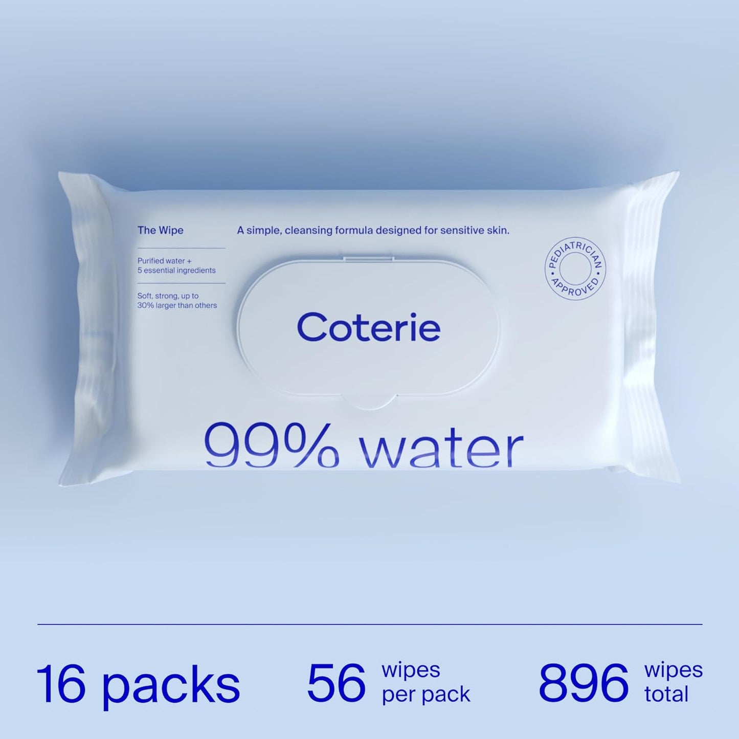 Coterie Baby Wipes for Sensitive Skin, Plant-Based and Plastic-Free Fibers, 99% Water, Hypoallergenic, pH Balanced, Unscented, Clean and Gentle Baby Essentials, 16 Pack, 896 Count