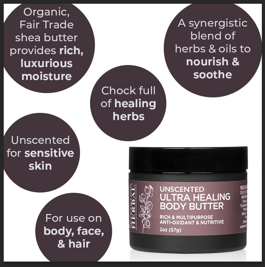 Ora's Amazing Herbal Ultra Healing Body Butter, Intensive Unscented Moisturizer For Dry Skin, Fragrance Free Skin Cream, 8 oz Large