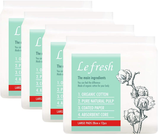 Lefresh Organic Cotton Cover Pads with Wings | Large, 48 Count | Heavy Absorbency - Unscented - Vegan - Chlorine Free - Ultra Thin Pads for Women