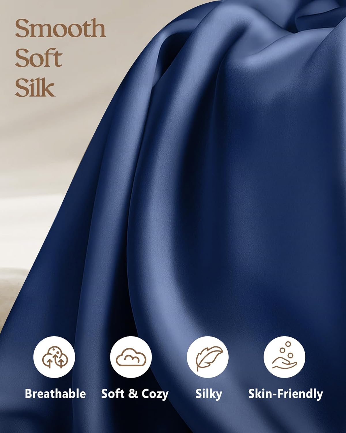 Silk Pillowcase 2 Pack - Pillow Cases King Set of 2 Size 20" x 36" for Hair and Skin Smooth Soft Breathable with Hidden Zipper Cooling Pillow Covers for Women, Navy Blue