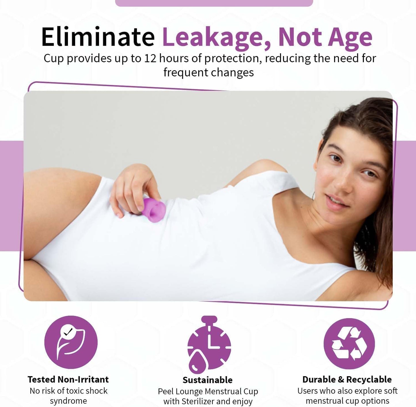 Angel's Peel Lounge Menstrual Cup for Women - 100% Medical-Grade Leak-Free Soft & Flexible Silicone Cup - 12 Hour Leak Protection Eco-Friendly & Reusable Period Cups for Women - Purple - Extra Small