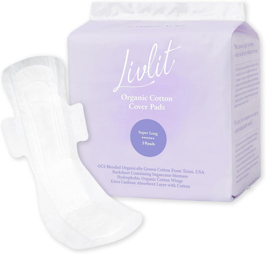 Livlit Super Long Overnight Sanitary Pads, 100% Organic Cotton from Texas, Heavy Absorbency, Powerful Leak Protection, Unscented, Extra Long Length Pads for Women (10 Count)
