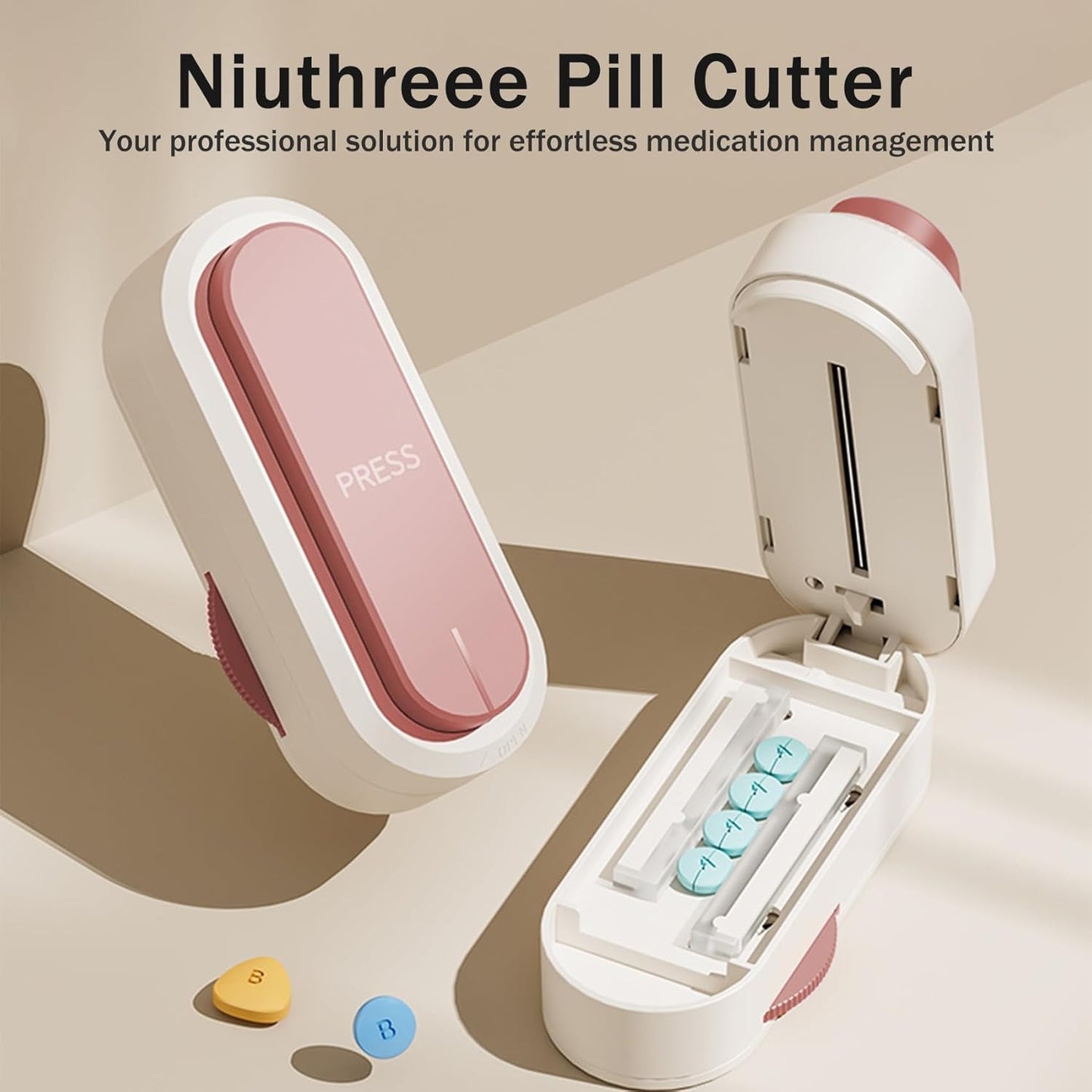 Multiple Pill Cutter - Pill Cutter Splitter for Small Tiny Large Pills Professional | Vertical Press-Down Cutting & Adjustable | Sturdy Blade & Guard | Includes Cleaning Brush (Pink)