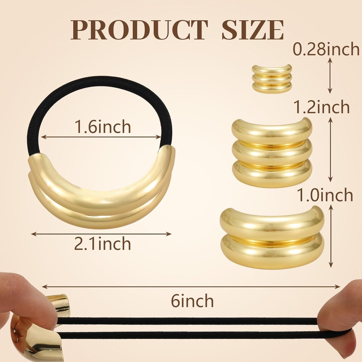 3PCS Gold Hair Ties, Metal Hair Ties for Thick Hair, Elegant Durable Geometric Design, Gold Hair Accessories Stretchy and Non-Damage Ponytail Holders
