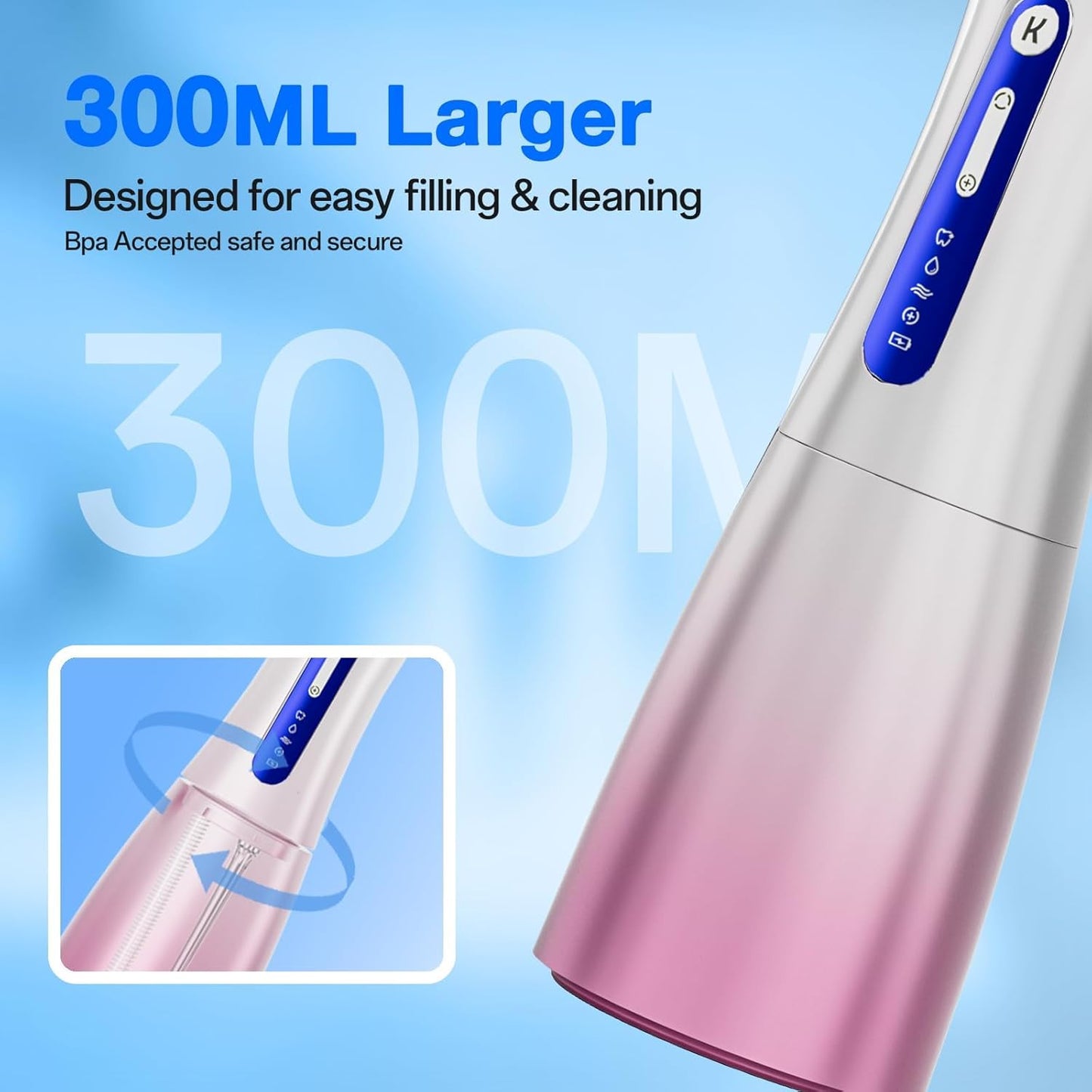 Water Dental Flosser Cordless with UVC Light, 3 Modes Portable Oral Irrigator, IPX7 Waterproof, 300ML Tank, Electric Teeth Cleaner for Tonsil Stones, Home & Travel Use
