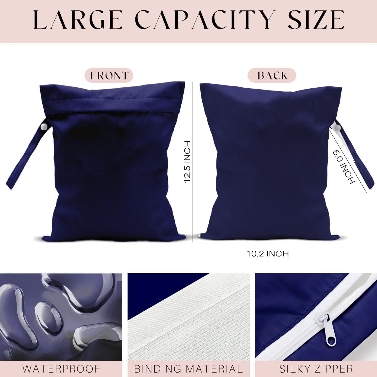 Waterproof Wet Bag for Swimsuit, Travel Beach Wet Dry Bag, Hidden Zipper Reusable Blue Wet Bags, for Travel Beach Wet Swimsuits Toiletries Diapers Dirty Gym Clothes Laundry Bag