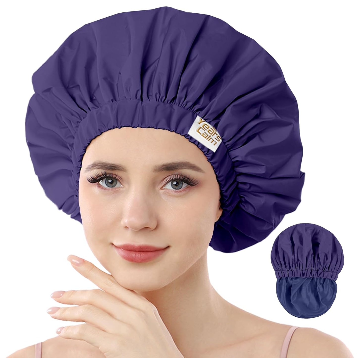 Years calm Reusable Waterproof Shower Caps for Women, Hair Caps for Showers, Double-Layer Elastic Design, for All Hairstyles, Travel-Friendly (Dark Blue)