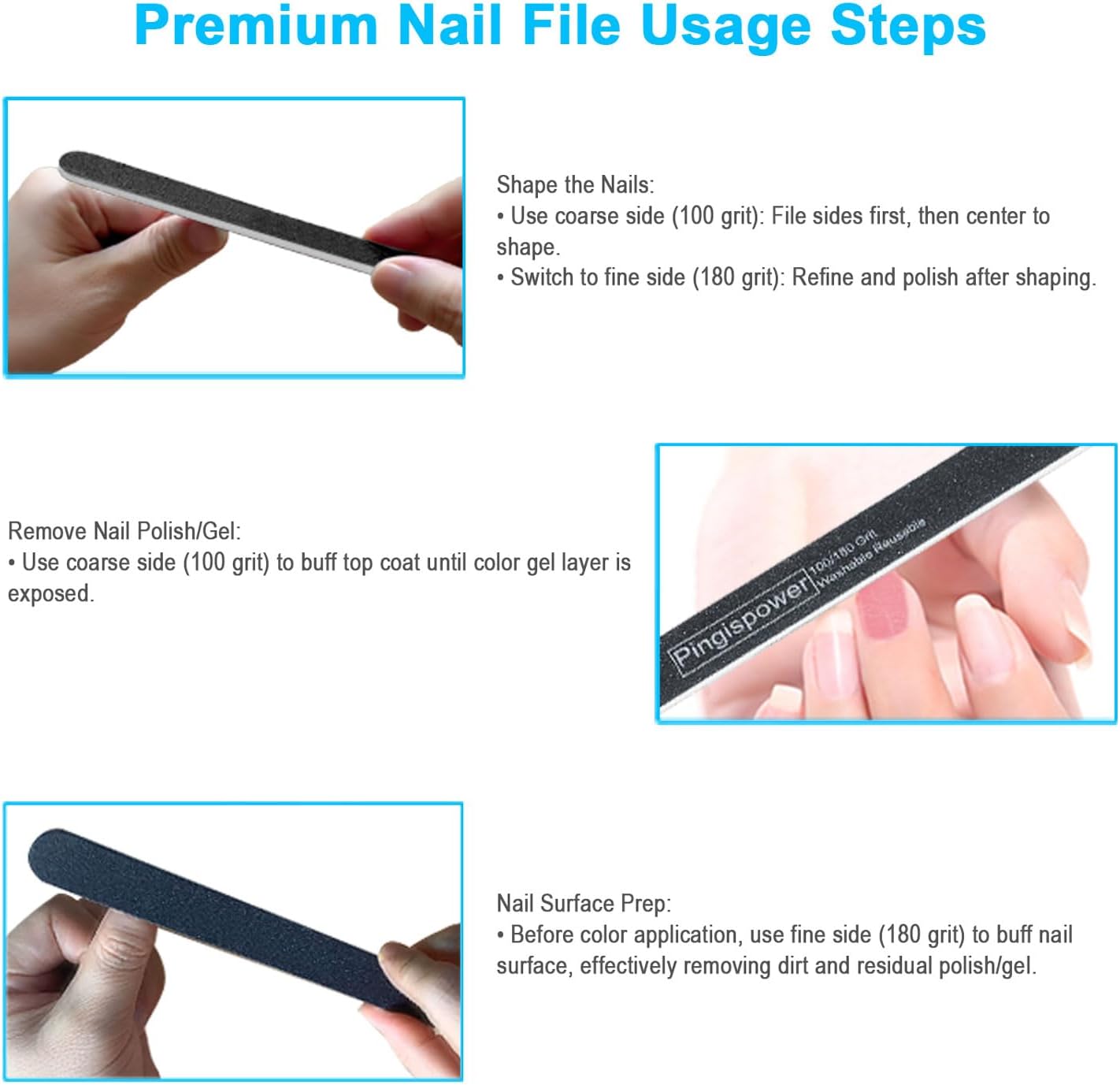 Nail Files Set, 14PCS Professional Metal Nail File & Emery Boards for Natural Nails (100/180 Grit), Double Sided Reusable & Washable Manicure Kit for Women, Home & Salon