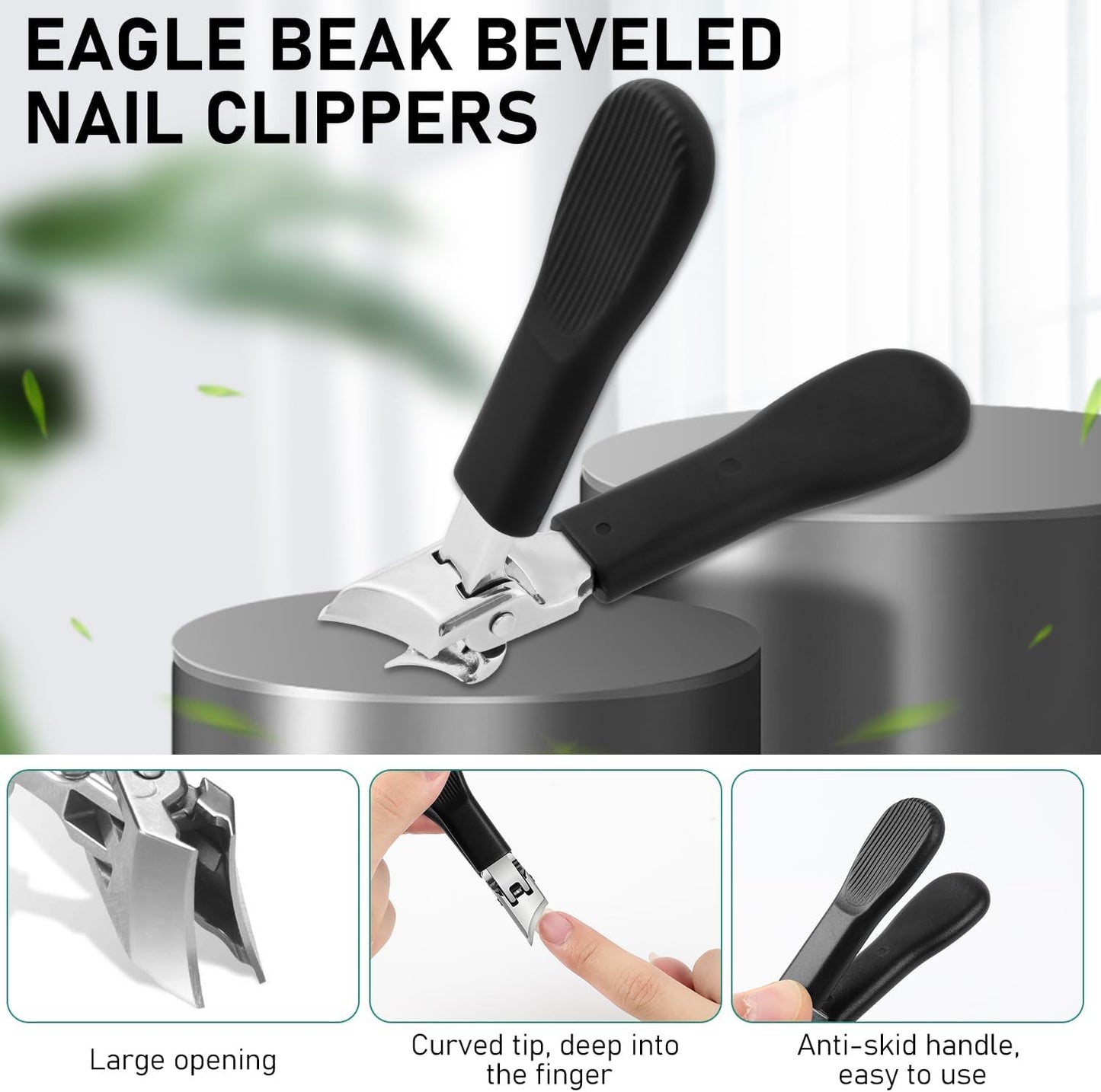 Eagle Beak Beveled Nail Clippers,Wide Jaw Opening Anti-Splash Slanted Nail Clipper,Slanted Jaw Ingrown Toenail Clippers for Thick Toenails (Black)