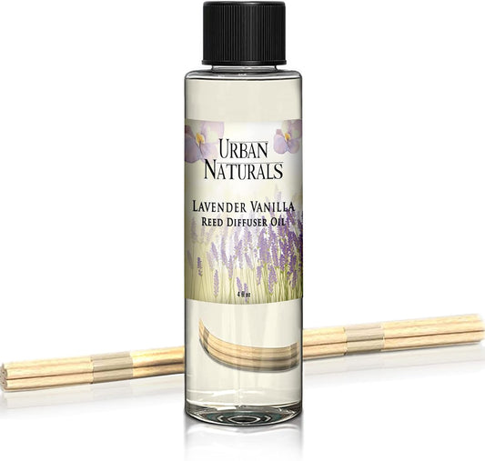 Urban Naturals Lavender Vanilla Scented Oil Reed Diffuser Refill | Includes a Free Set of Reed Sticks! Lavender Blossom, Creamy Vanilla, White Woods and Sugared Musk | 4 oz.