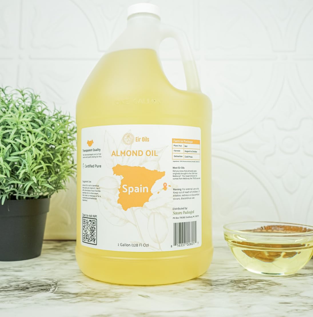 Sweet Almond Oil - for Skin and Hair - Carrier Oil for Essential Oils Mixing - From EIR Oils' Farm in Mallorca, Spain - 1 Gallon