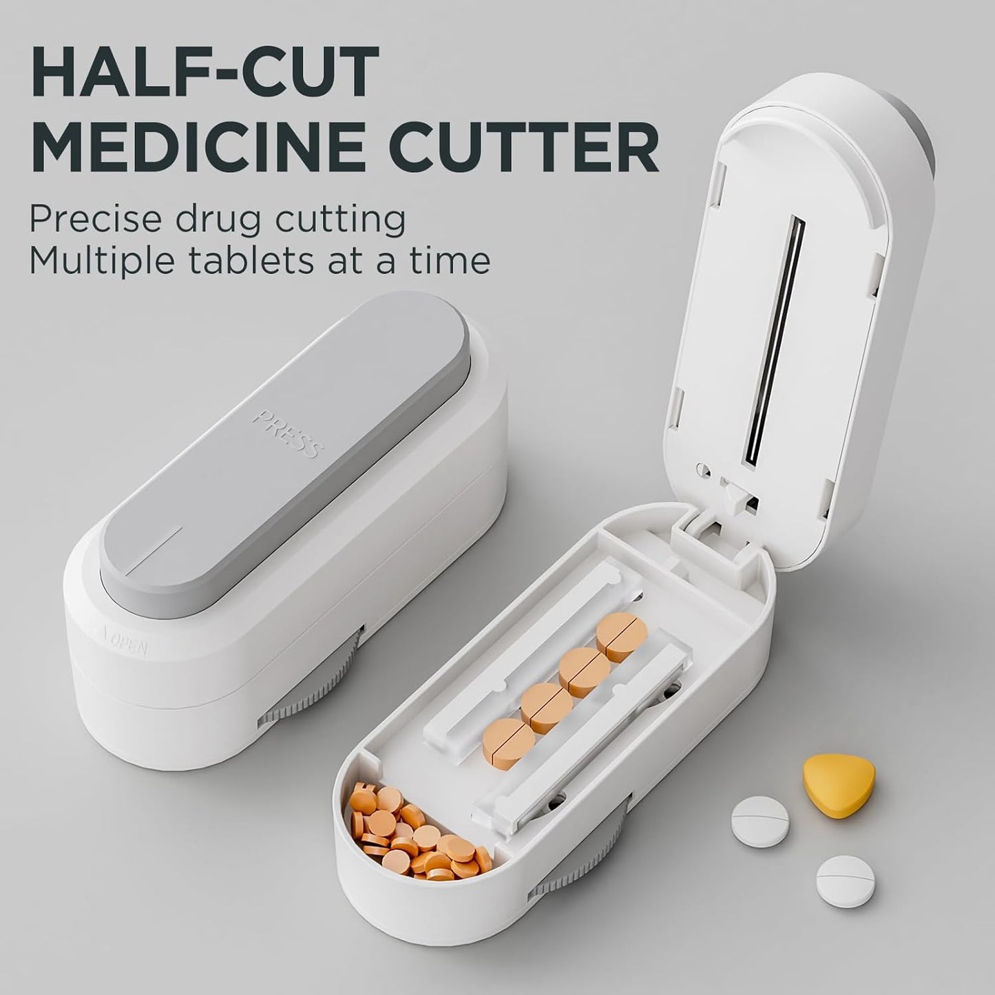 Pill Cutter Splitter for Small & Tiny Pills, Adjustable, Safety Features, Grey