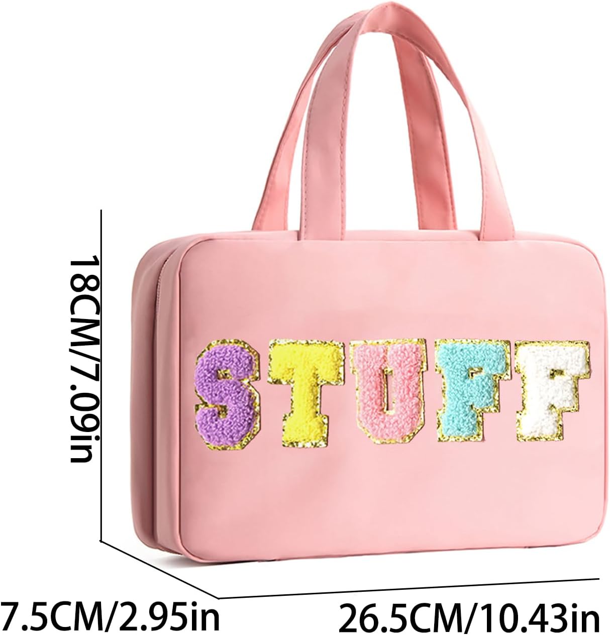 Toiletry Bag for Women Chenille Letter Makeup Bag Water-resistant Cosmetic Bag Travel Bag with Hanging Hook Preppy for Store Toiletries Cosmetic Accessories Large Capacity Light Pink