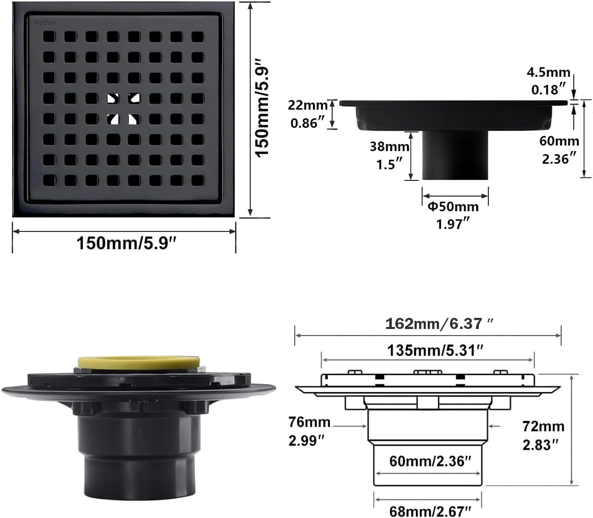 RANDOM Square Shower Drain 6 Inch Matte Black Stainless Steel Shower Floor Drain Kit with Adjustable PVC Base Flange, Removable Grid Grate, Hair Strainer