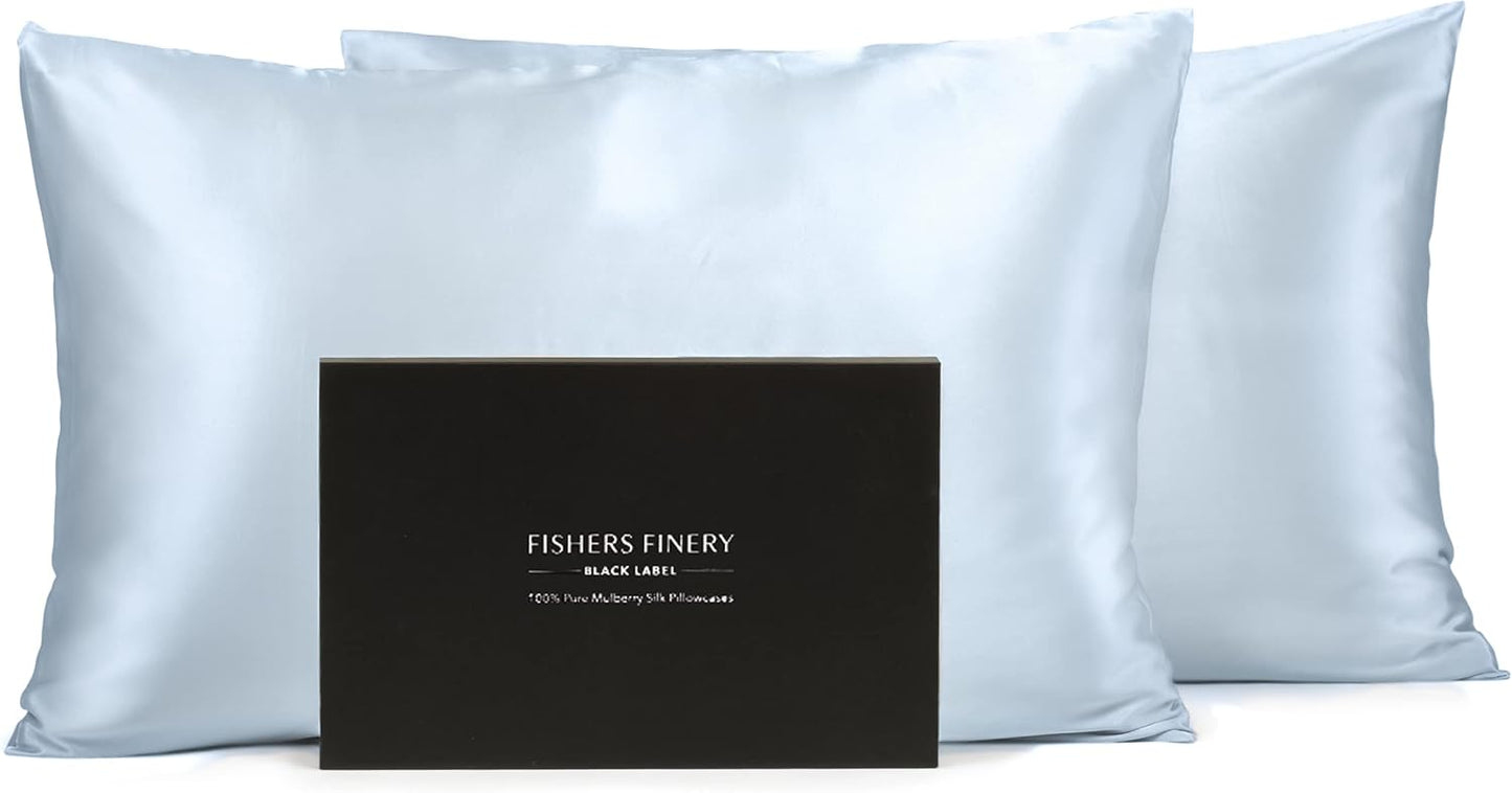 Fishers Finery 30mm 100% Pure Mulberry Silk Pillowcase Set, Quality Tested (Blue, Standard, 2 Pack)