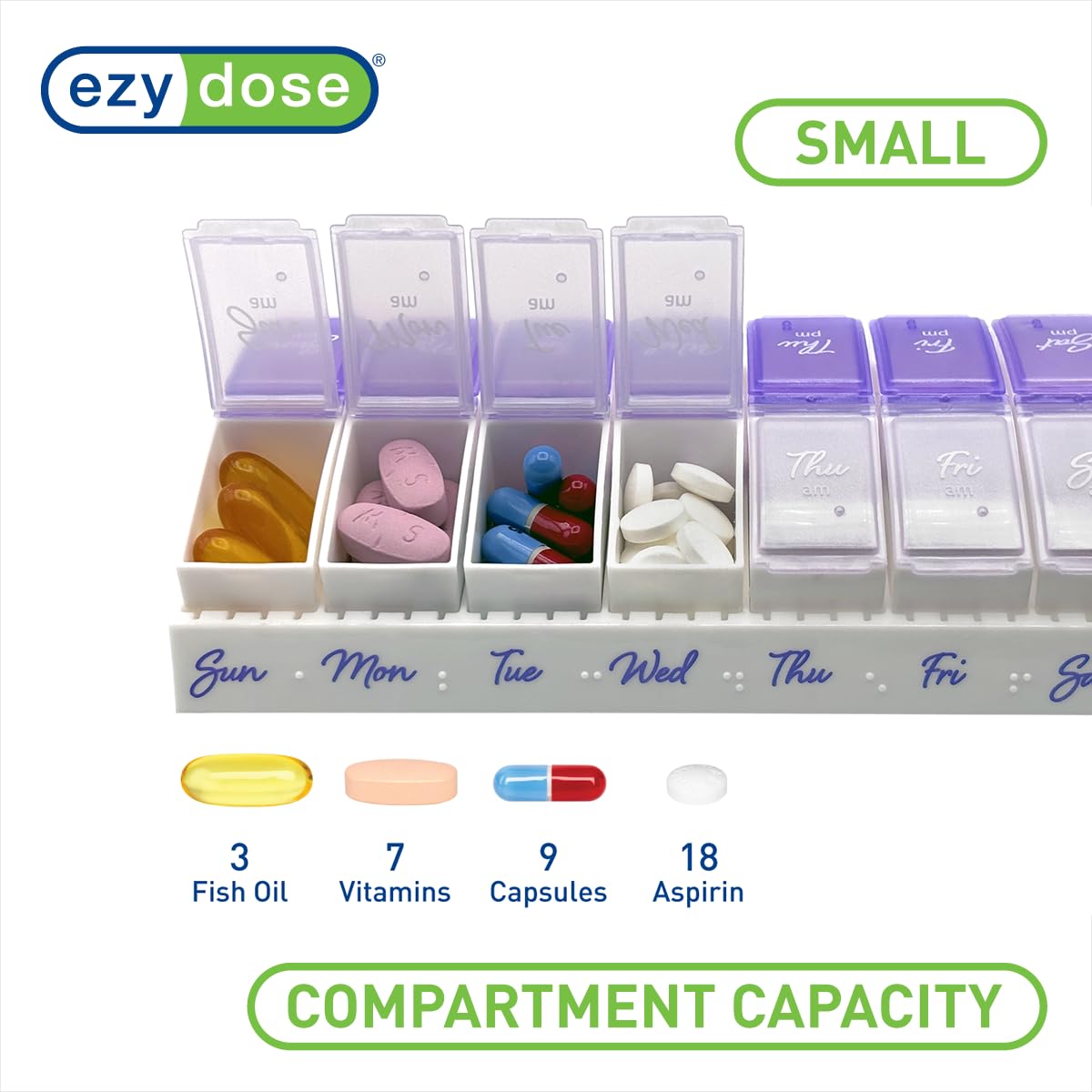 Ezy Dose Weekly (7-Day) Daily Pill Case, Medicine Planner, Vitamin Organizer, 2 Times a Day AM/PM, Small Pop-out Compartments, Arthritis Friendly, Easy to Use, Pearlescent and Lavender Lids, BPA Free