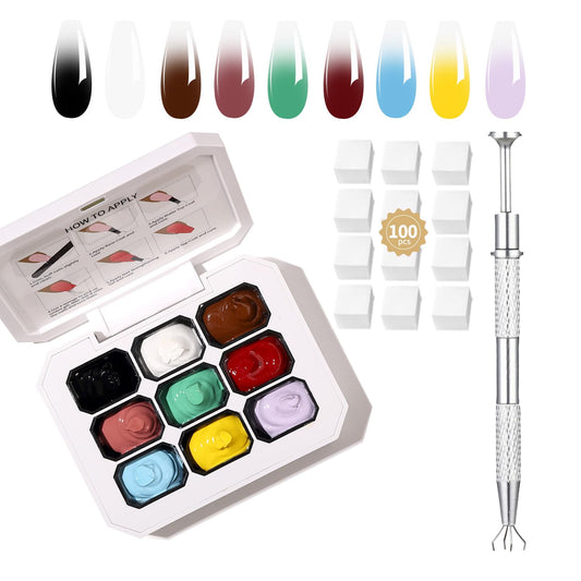 9 Colors Set Ombre Gel Nail Polish,Ombre Paint Nail Gel for Nails with 100Pcs Nail Sponges for 3D Nail Art in Salon or Home Use(omber-07)