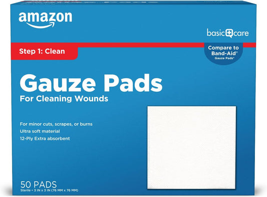 Amazon Basic Care Gauze Pads, 3x3 inches Sterile Medical Wound Dressing Sponges for Cleaning, Covering, & Cushioning Cuts & Minor Injuries, 50 Count (Pack of 1), (Previously All Health)