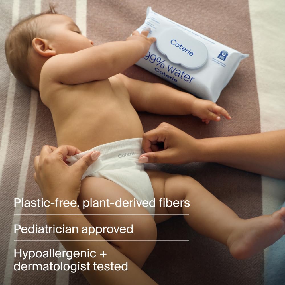 Coterie Baby Travel Size Wipes for Sensitive Skin, Plant-Based and Plastic-Free Fibers, 99% Water, Hypoallergenic, pH Balanced, Unscented, Clean and Gentle Baby Essentials, 16 Travel Packs, 288 Count