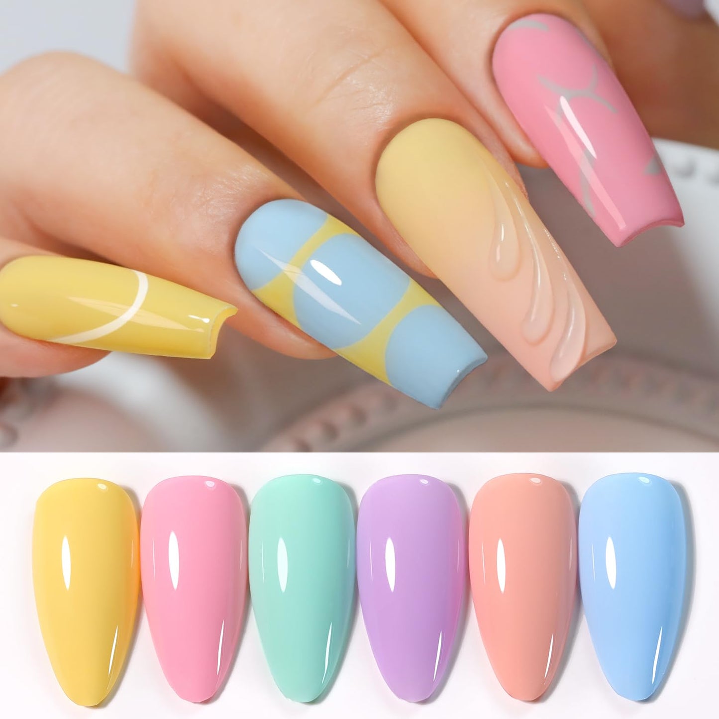 Double Rhythm Gel Nail Polish Set of 6 Colors Baby Light Pastel Milky Nail Polish Starter Kit Art DIY Salon Home (Yellow Pink Green Blue Orange Purple,Kit 6)