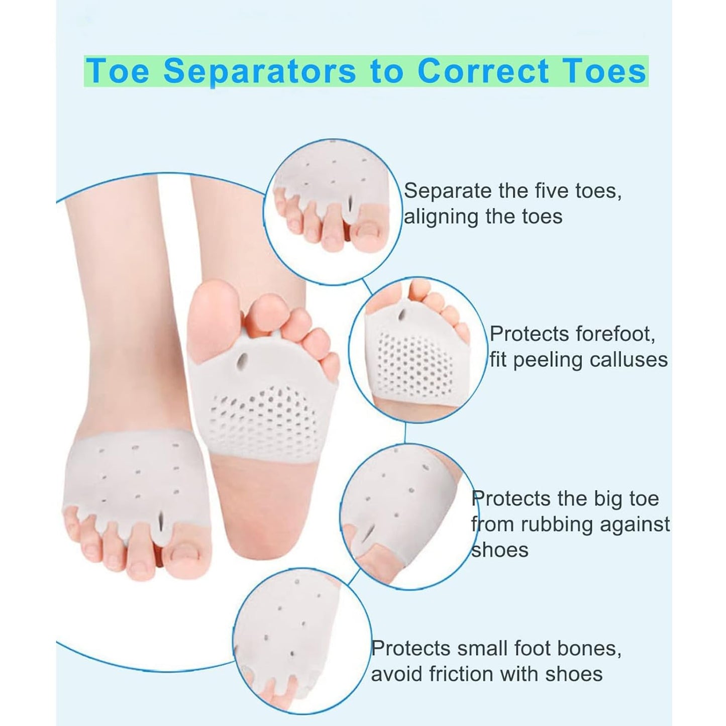 4 Pairs Silicone Toe Separators, Bunion Corrector Cushion, Metatarsal Pads, Ball of Foot Cushions, Breathable Soft Gel Foot Cushions for Men Women Straighten Overlapping Toes, Realign Crooked Toes