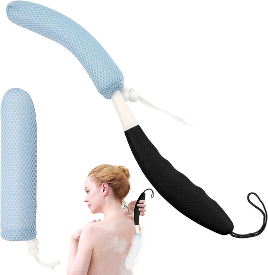 15.35" Back Bath Brush with Sponge,Back Scrubber Bath Mesh with Curved Long Handle Bath Body Brush for Elderly Aid Bathing and Shower