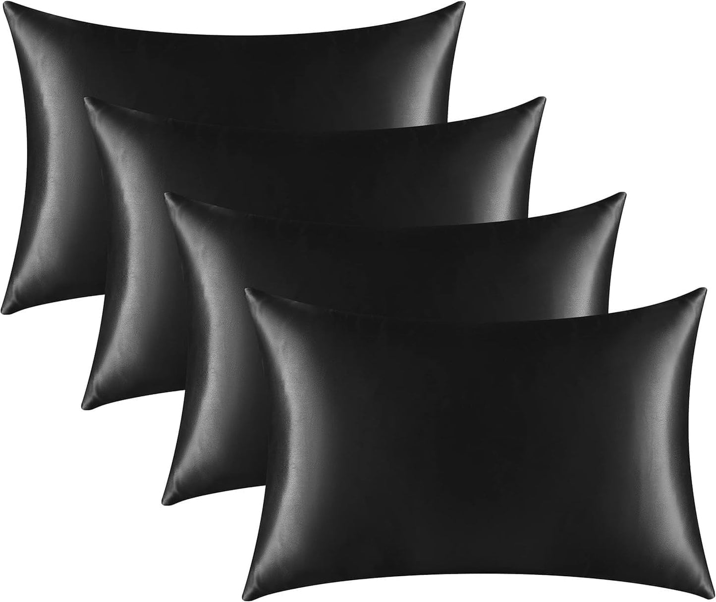 Satin Silk Pillowcase for Hair and Skin, Black Pillow Cases Standard Size Set of 4 Pack Super Soft Pillow Case with Zipper Closure (Black, King (4 Pack))