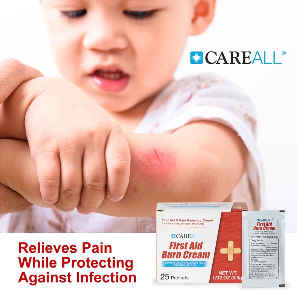 CareALL First Aid Burn Relief Cream 0.9g Packets (Pack of 25) Pain Relieving First Aid Cream for Temporary Relief of Pain from Minor Burns, Cuts, and Scrapes. Prevents Infection