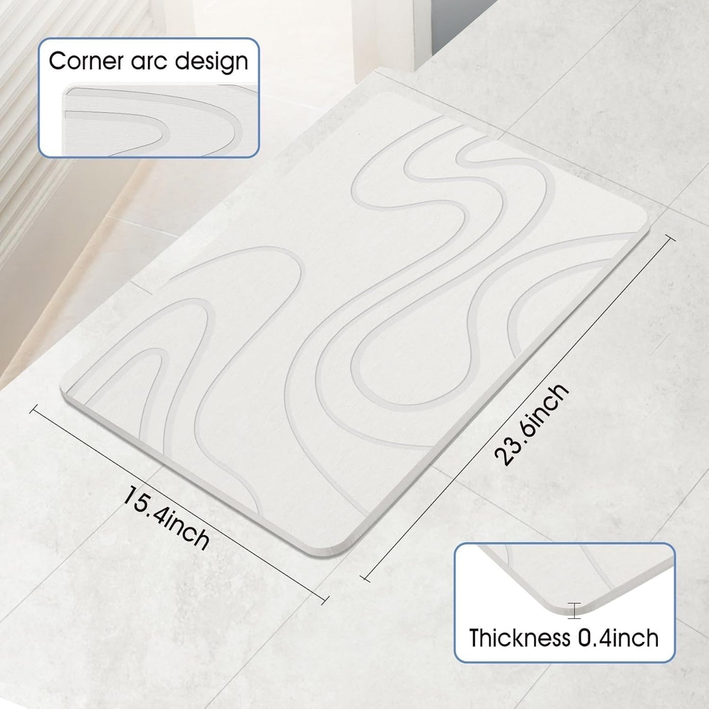 Stone Bath Mat Diatomaceous Earth Shower Mat Non-Slip Super Absorbent Diatomite Stone Mats for Bathroom Floor/Kitchen Counter Quick Drying Natural Easy to Clean(23.6''×15.4" White)