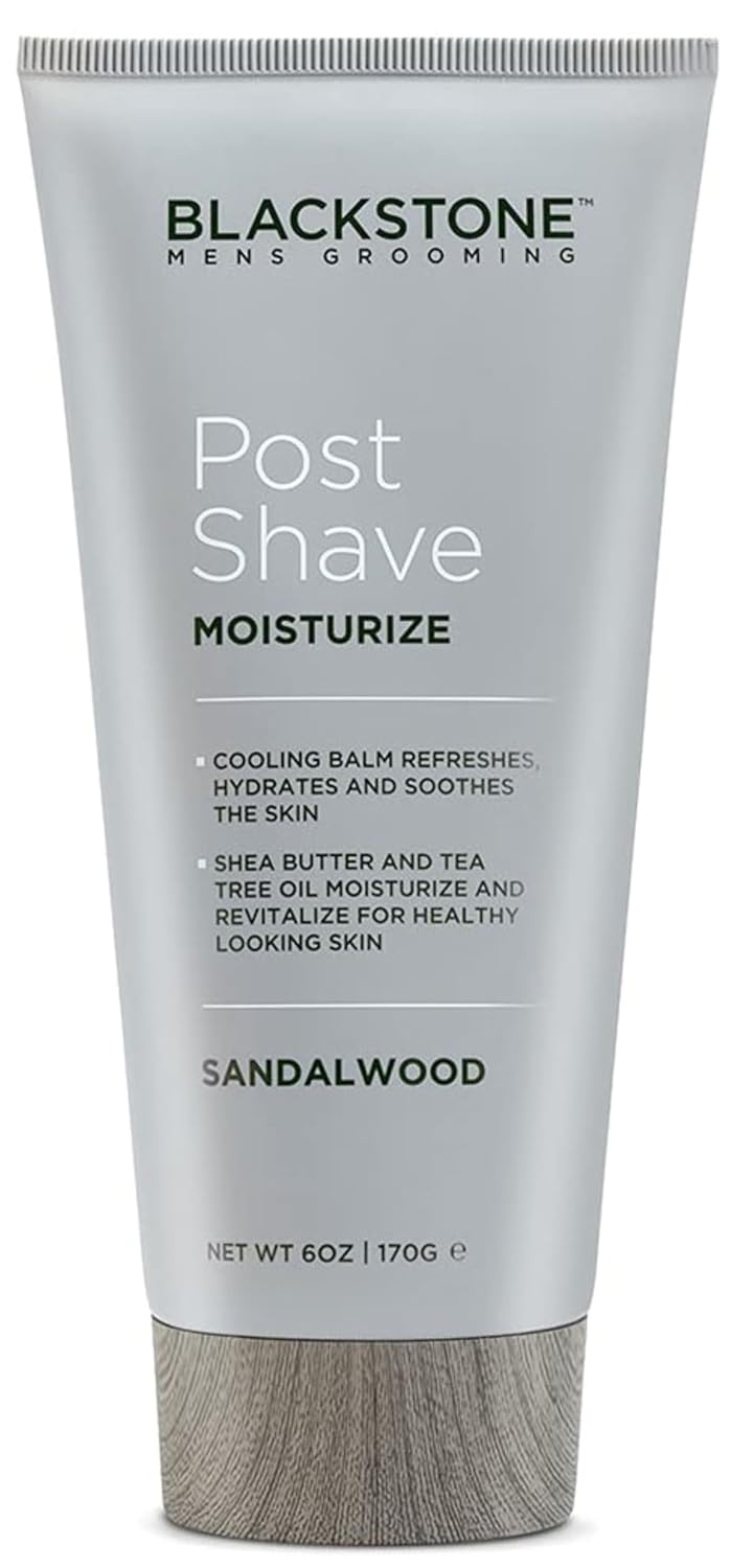 Blackstone Men's Grooming Post Shave Moisturizer with Tea Tree Oil, Shea Butter, Vitamin E, & Aloe | Soothing Cooling Balm | Cruelty & Paraben Free | Made in USA | Sandalwood (6 oz)