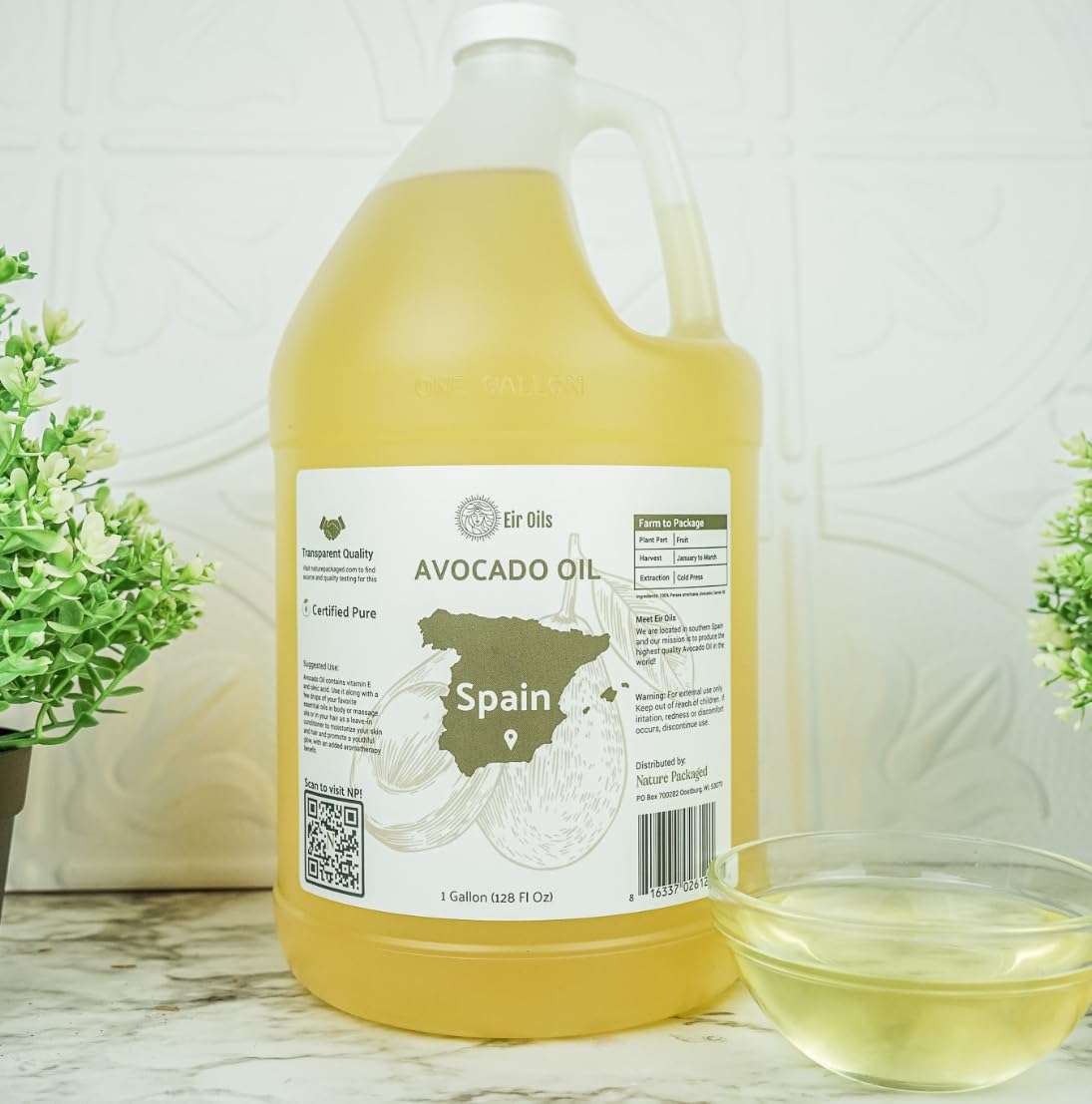 Avocado Oil - Direct from EIR Oils Farm in Spain - 100% Pure Carrier Oil for Hair, Face, and Skin - Hand-Picked, Cold-Pressed Carrier Oil - (1Gallon)