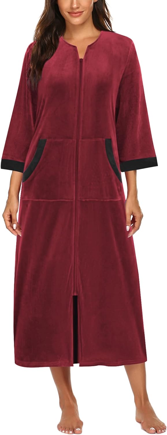 Ekouaer Women Zipper Robe 3/4 Sleeves Loungewear Dress Full Length Sleepwear Pockets Housecoat Nightgown Long Bathrobe