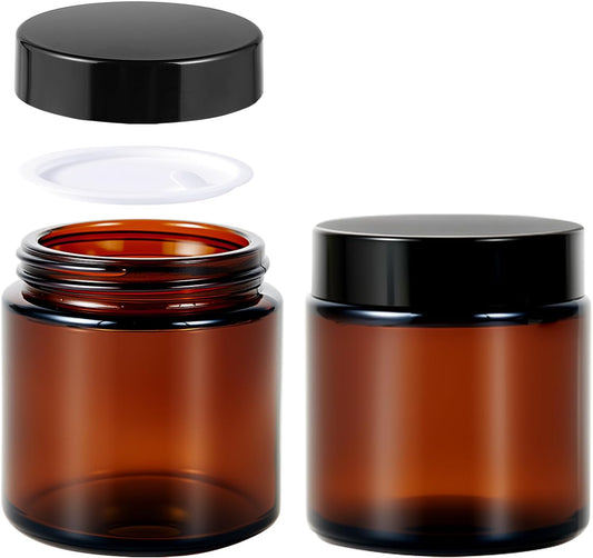4 oz Glass Jars with Lids, Hoa Kinh 2 Pack Amber Small Glass Jars with Black Lids Empty Cosmetic Containers Airtight Round Glass Jar for Lotions, Powders and Ointments