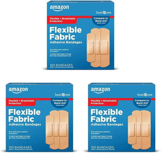Amazon Basic Care Flexible Fabric Adhesive Bandages, First Aid and Wound Care Supplies, Assorted Sizes, 100 Count (Pack of 3)