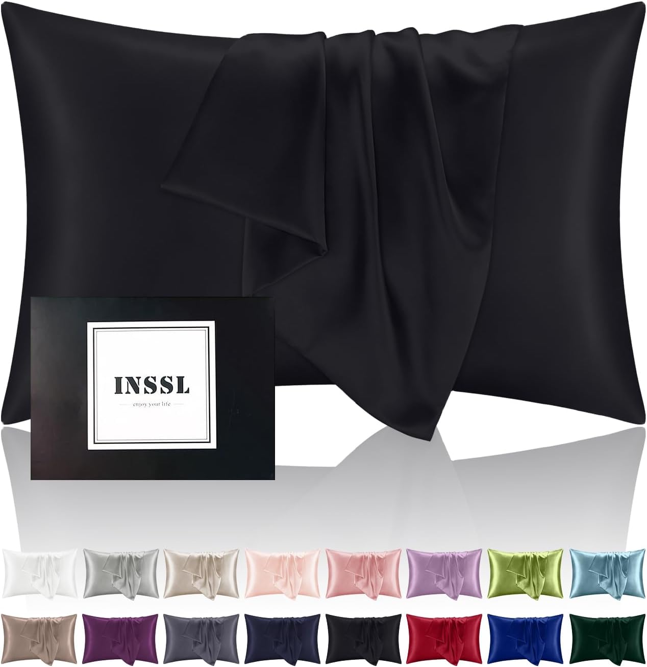 INSSL Silk Pillowcase for Women, Mulberry Silk Pillowcase for Hair and Skin and Stay Comfortable and Breathable During Sleep (Queen, Black)