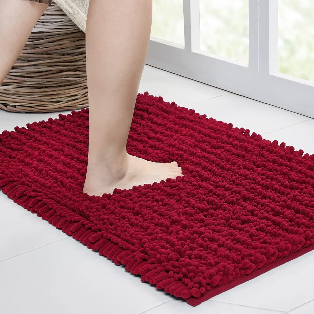 Walensee Bathroom Rug Non Slip Bath Mat (24x17 Inch Red) Water Absorbent Super Soft Shaggy Chenille Machine Washable Dry Extra Thick Perfect Absorbant Best Small Plush Carpet for Shower Floor