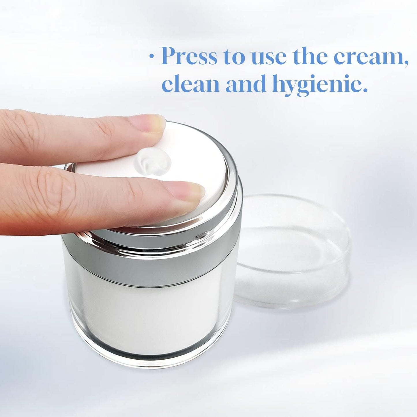 2Pack Airless Pump Jars with Cosmetic Spatula, 3.5 oz Empty Refillable Cosmetic Air Pump Jars Bottles Airless Lotion Cream Dispenser Portable Travel Makeup Containers (Silver)